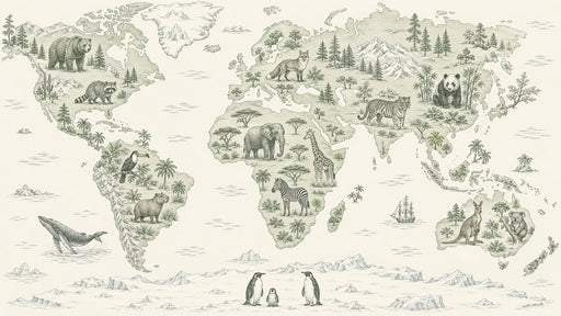 World map mural featuring etched-style wildlife, mountains, and trees in sage green and charcoal on a parchment background.