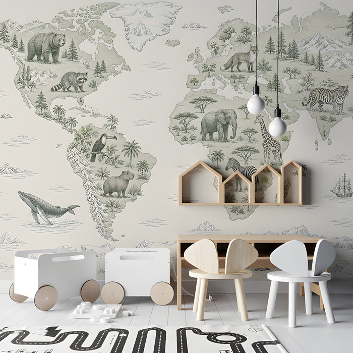 Playroom design showcasing an animal world map mural with a cozy rug and wooden toy storage.
