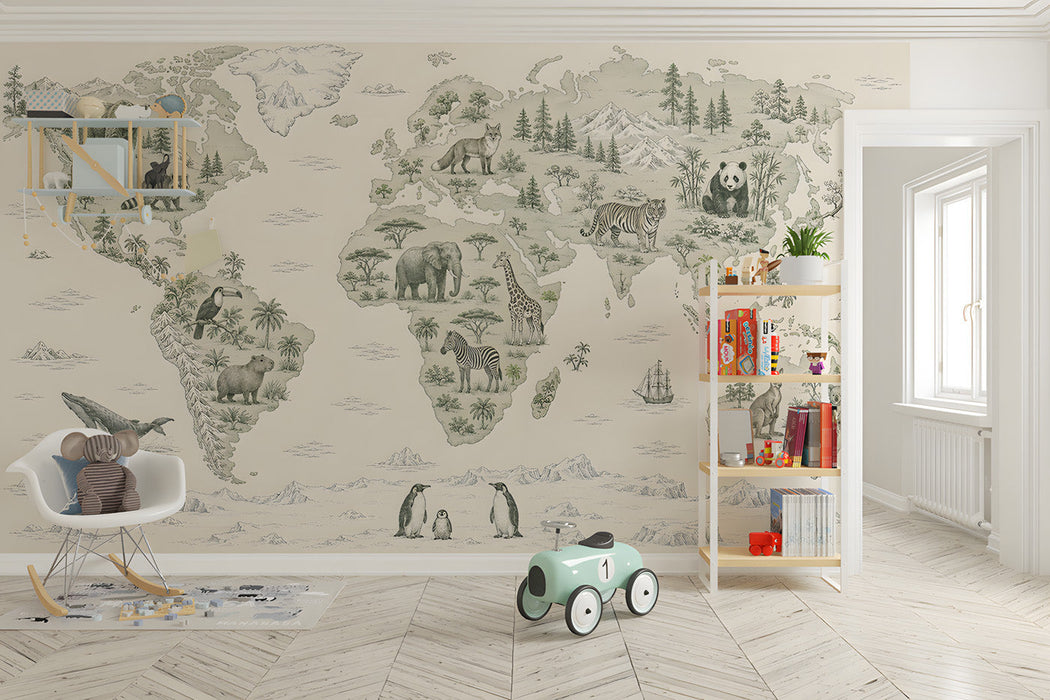 Nursery room featuring a world map mural on the main wall, accented with light wood furniture and soft linen textiles.