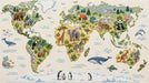 Embroidered world map wallpaper pattern with animals and geographic icons in green and ochre