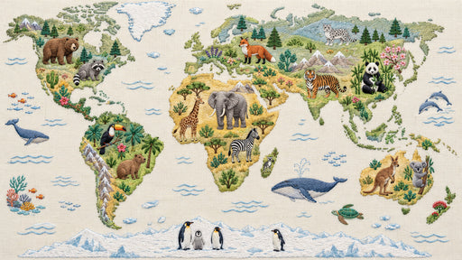 Embroidered world map wallpaper pattern with animals and geographic icons in green and ochre