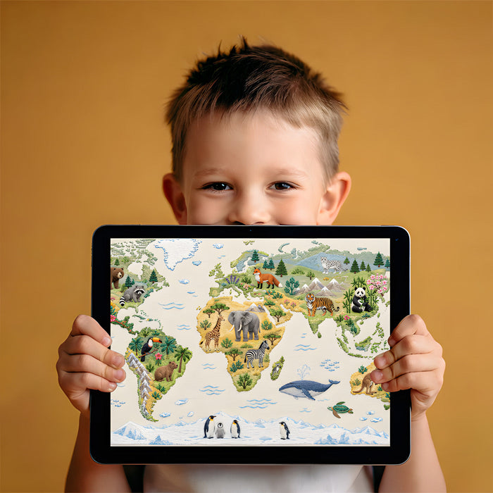 Detailed map wallpaper in a study room featuring a desk and vintage globe