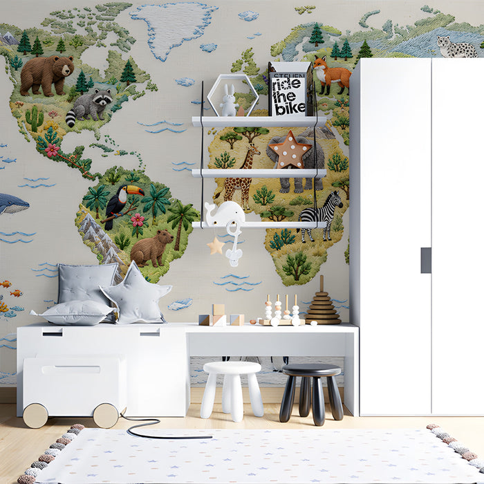Educational animal map mural in a child's study with colorful soft toys