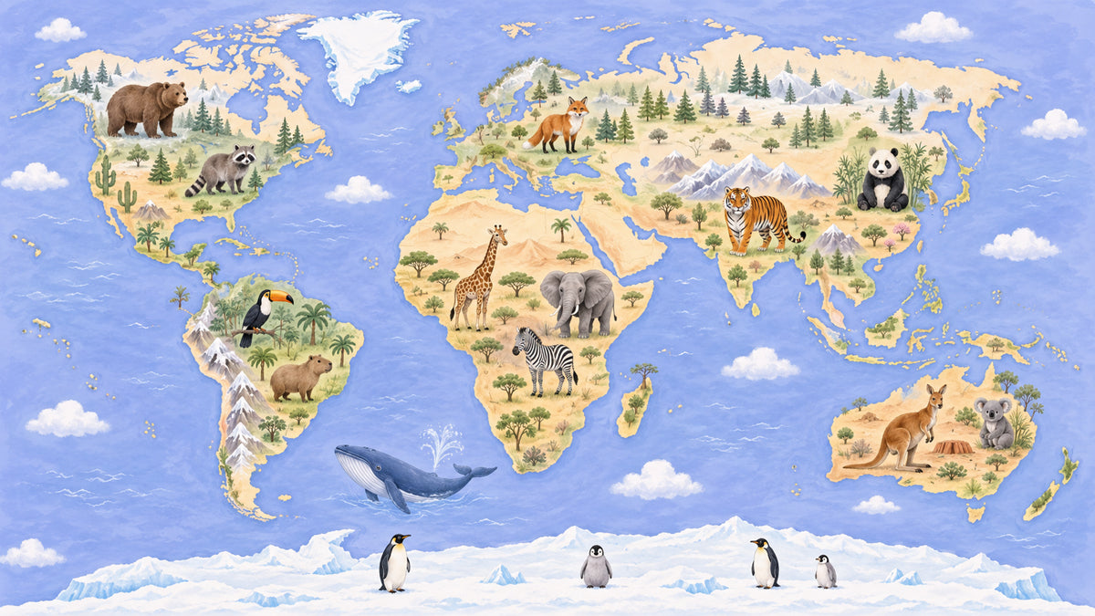 World map wallpaper mural featuring hand-drawn animals like tigers, pandas, and kangaroos across continents with blue ocean background