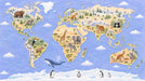 World map wallpaper mural featuring hand-drawn animals like tigers, pandas, and kangaroos across continents with blue ocean background