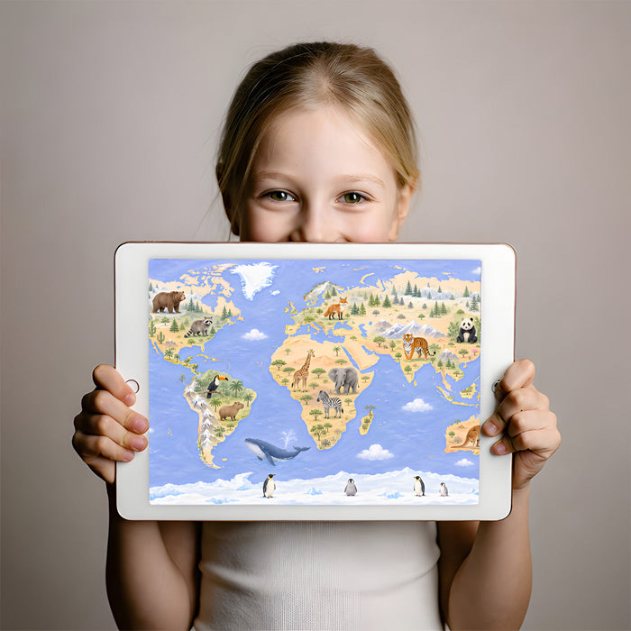 Educational animal world map wallpaper featured in a cozy child's bedroom with soft lighting