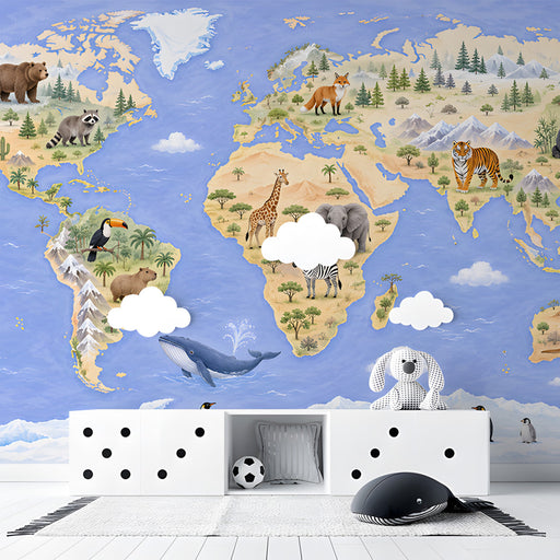 Detailed world map mural in a creative playroom with colorful storage bins and kids desk