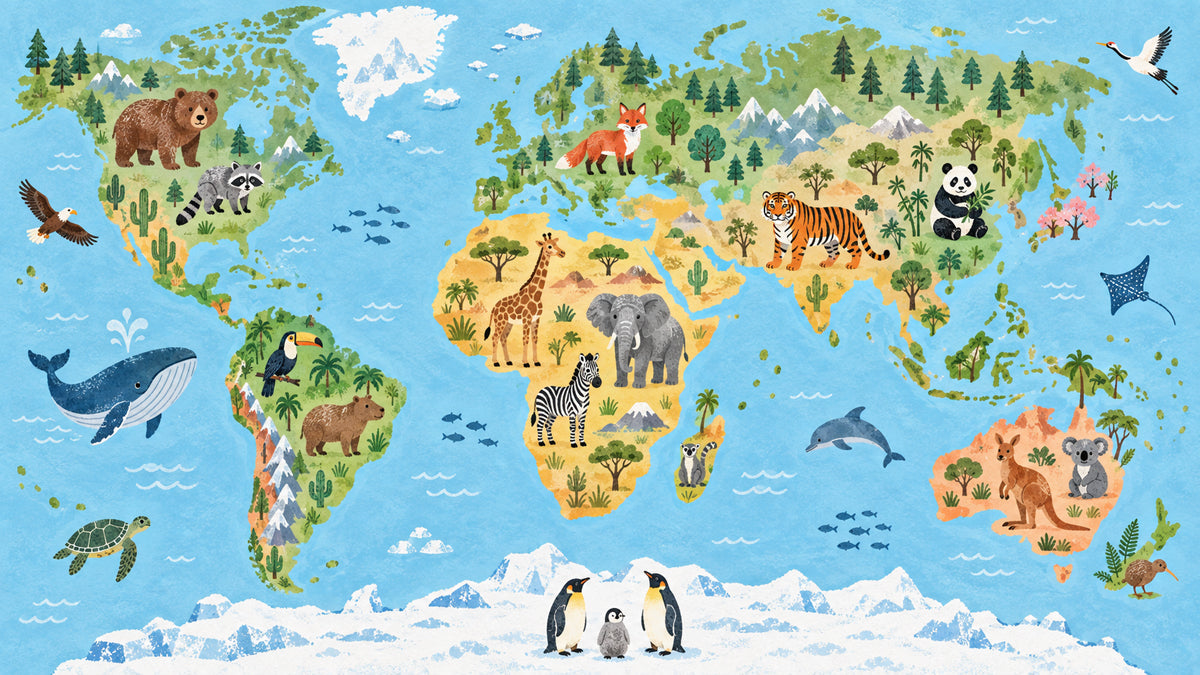 A bright blue world map wallpaper pattern featuring illustrations of various animals on their respective continents.