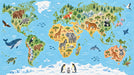 A bright blue world map wallpaper pattern featuring illustrations of various animals on their respective continents.