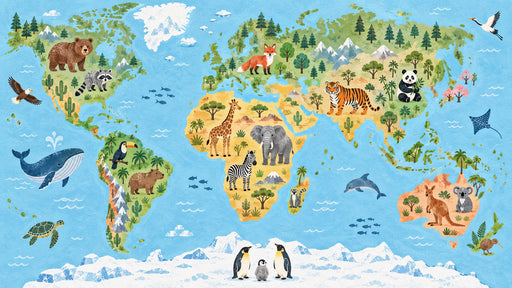 A bright blue world map wallpaper pattern featuring illustrations of various animals on their respective continents.