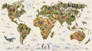 A world map wallpaper featuring continents made of pressed leaves and flowers, populated by detailed illustrations of diverse wildlife.