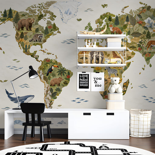 A creative study area designed for children, featuring the world map mural as a fun and educational backdrop for learning.