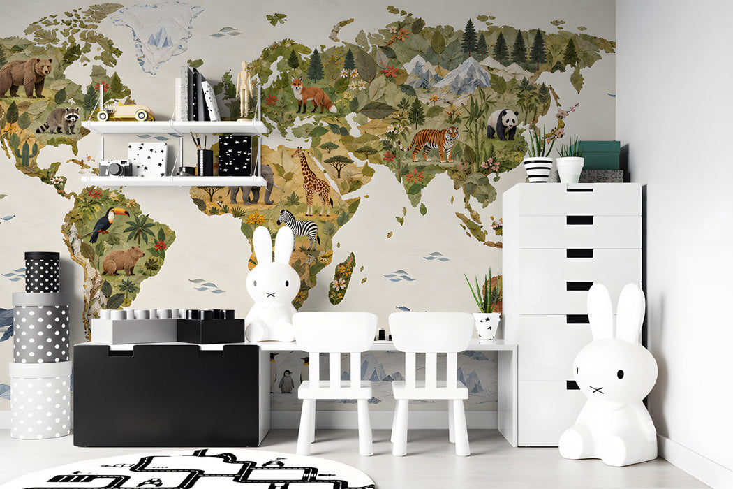 A cozy nursery room featuring a world map wallpaper that brings an adventurous and educational mood to the space.