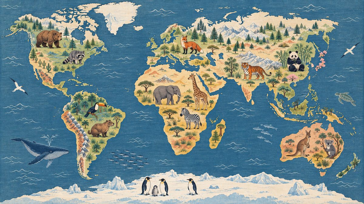 A vintage style world map mural featuring illustrated wild animals like elephants, bears, and pandas on a deep blue ocean background.