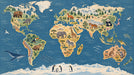A vintage style world map mural featuring illustrated wild animals like elephants, bears, and pandas on a deep blue ocean background.
