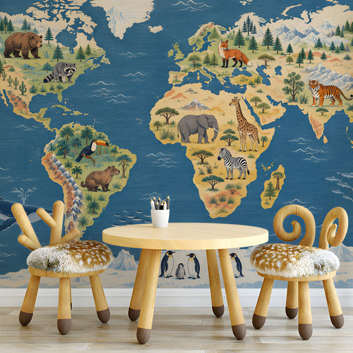 An inspiring home office space featuring the detailed wildlife map mural above a minimalist desk.
