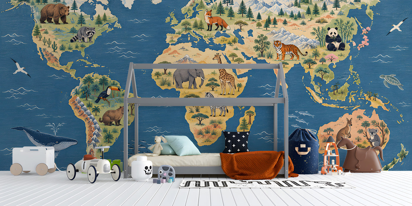 The world map mural installed on a large bedroom wall, featuring wooden bed frame and earthy decor elements.