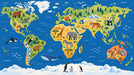 A colorful, flat-design world map mural featuring various animals, mountains, and trees over a vibrant blue ocean background.