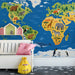 A nursery wall featuring the illustrated world map to create an engaging and educational environment for children.