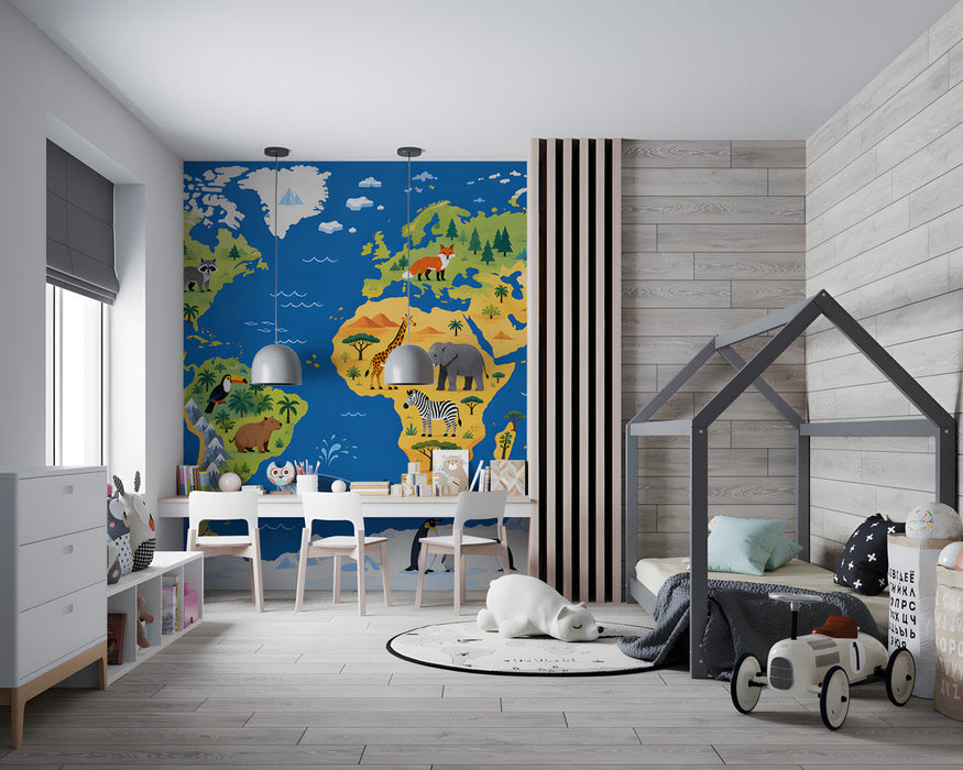The world map mural installed in a brightly lit, modern kid's bedroom with wooden toys and a cozy bed.
