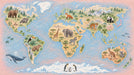 World map wallpaper pattern with illustrated animals like elephants and tigers on a pink and cream background