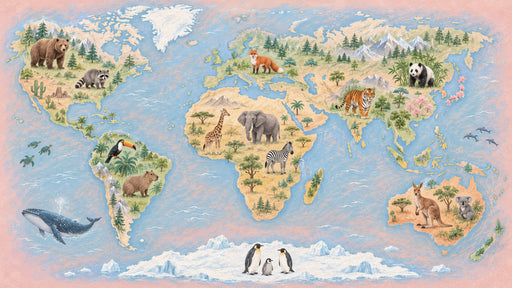 World map wallpaper pattern with illustrated animals like elephants and tigers on a pink and cream background