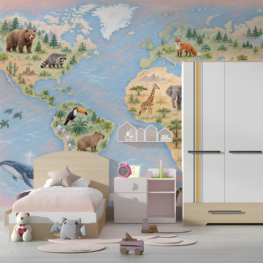 World atlas mural in a child's study room with desk and globe decor
