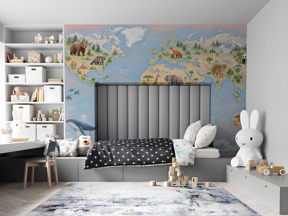 World map mural installed in a colorful nursery with wooden crib and soft rugs