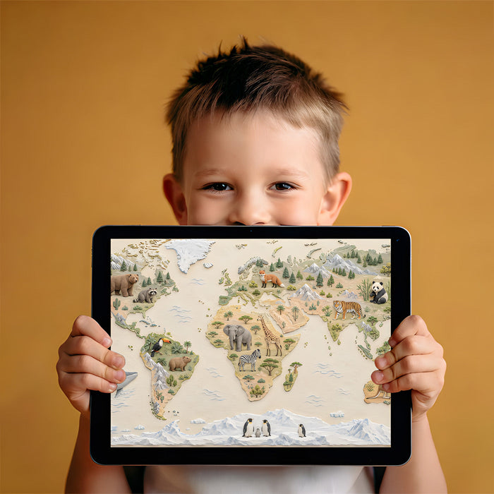 A creative playroom wall covered in a detailed animal world map mural wallpaper design.