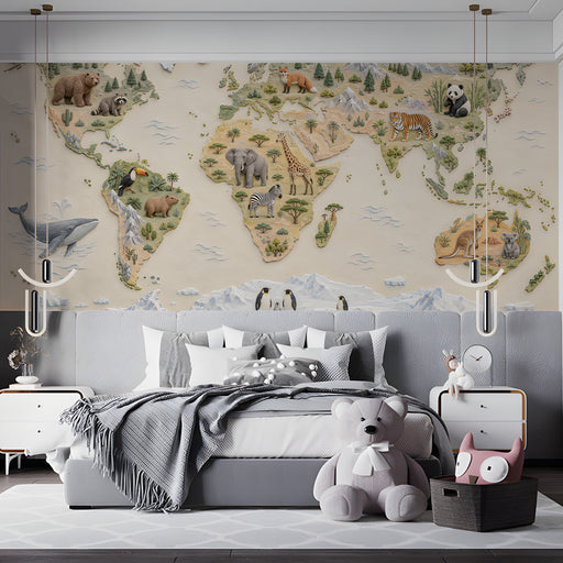 A calm bedroom interior styled with a soft-toned illustrated wildlife map wall mural.