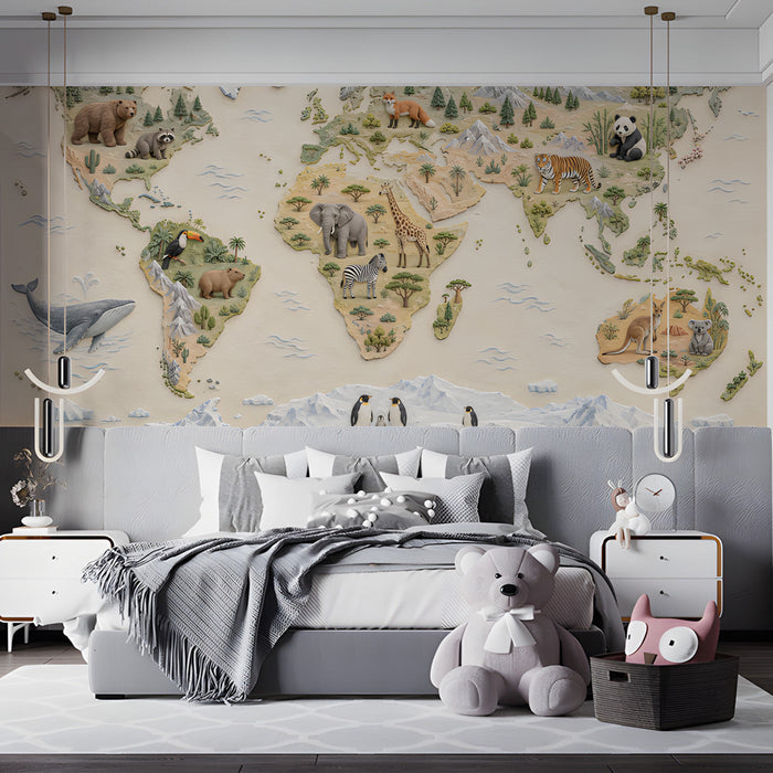 A calm bedroom interior styled with a soft-toned illustrated wildlife map wall mural.