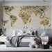 A calm bedroom interior styled with a soft-toned illustrated wildlife map wall mural.