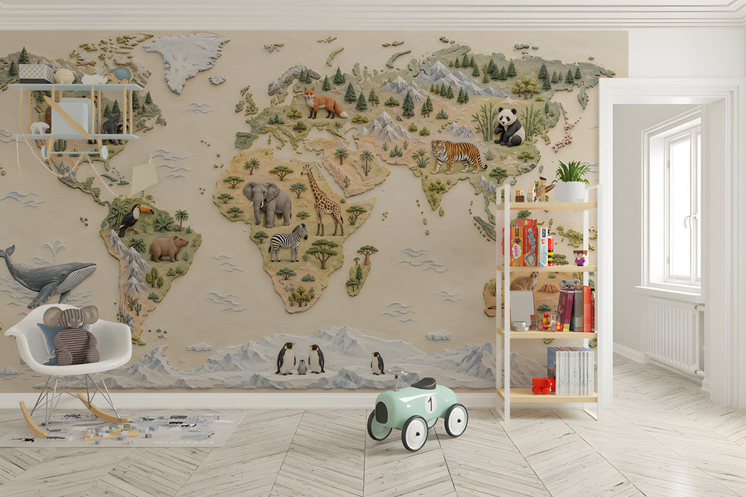 A bright nursery room featuring an illustrated world map wall mural with animals for kids.