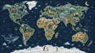 Midnight blue world map wallpaper with illustrated animals and gold star accents
