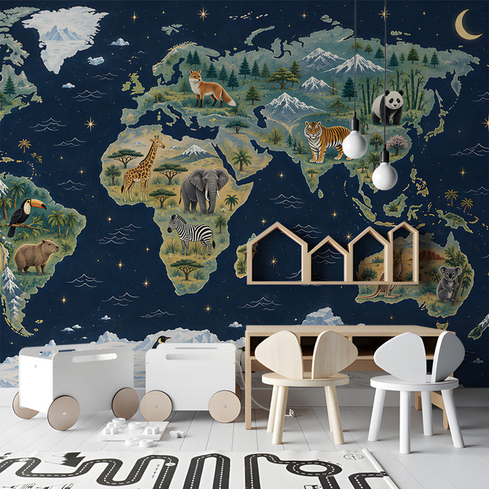 Cozy nursery room decorated with a midnight blue world map wall mural