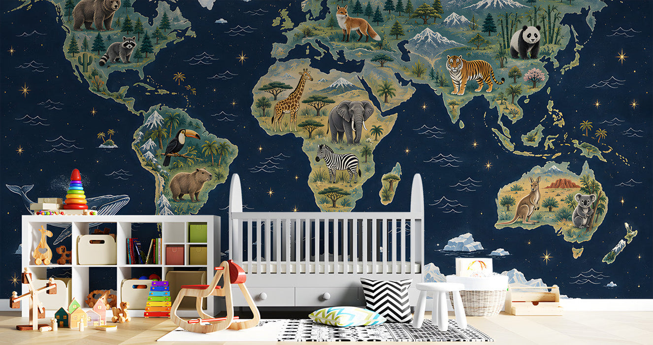 Kids bedroom featuring a world map wallpaper mural with wildlife motifs