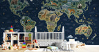 Kids bedroom featuring a world map wallpaper mural with wildlife motifs