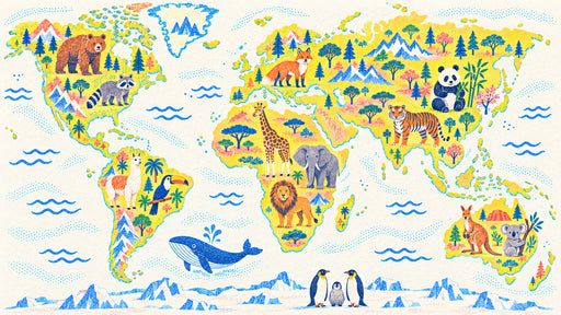 World map wallpaper with colorful continents, blue ocean waves, and hand-drawn wildlife like tigers, bears, and whales.