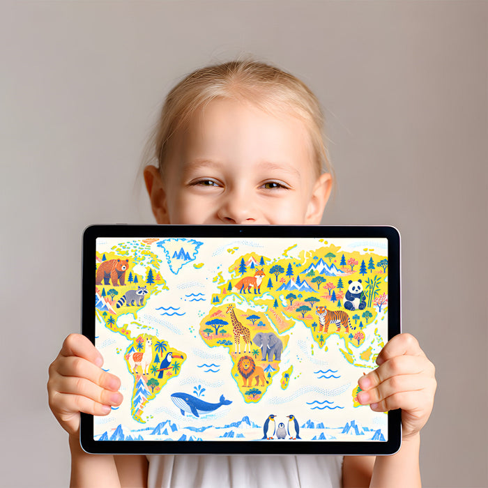 Playroom wall decorated with a vibrant educational world map and animal motifs.