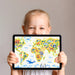 Playroom wall decorated with a vibrant educational world map and animal motifs.