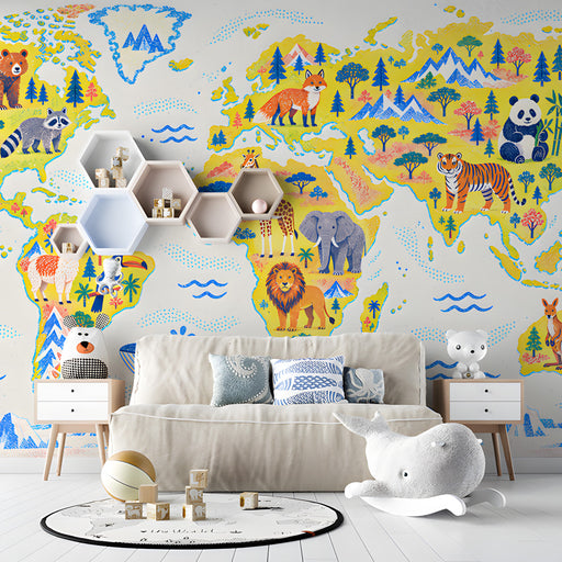 Nursery room design with a colorful world map wallpaper providing a cheerful backdrop.