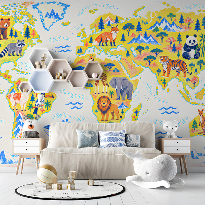 Nursery room design with a colorful world map wallpaper providing a cheerful backdrop.