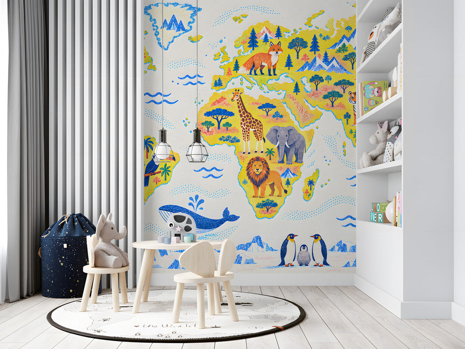 Children's bedroom interior featuring a world map wall mural with animal illustrations.