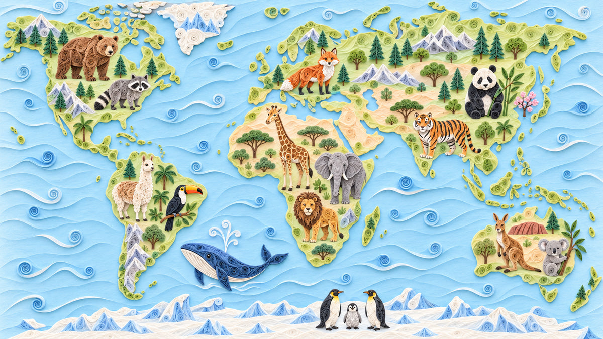 World map wallpaper pattern featuring dimensional quilled paper animals and colorful landmasses on a sky blue background.