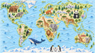 World map wallpaper pattern featuring dimensional quilled paper animals and colorful landmasses on a sky blue background.