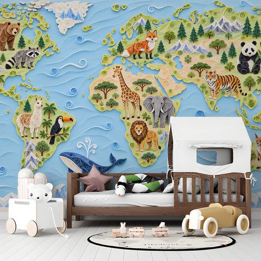 Child bedroom showing a paper-quilled world map mural behind a modern bed with neutral bedding.