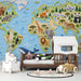 Child bedroom showing a paper-quilled world map mural behind a modern bed with neutral bedding.