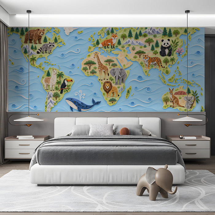 Bedroom featuring a whimsical world map wallpaper on a feature wall above a white crib.
