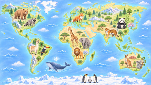 World map wallpaper with colorful continents, blue ocean, and illustrative animals like panda, giraffe, and whale.