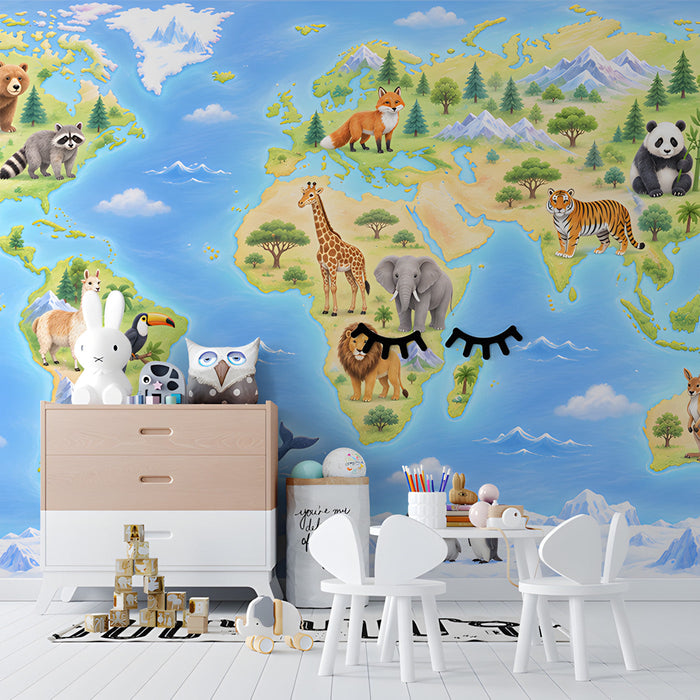 Nursery room wall decorated with a vibrant animal world map mural, creating a friendly and adventurous space.